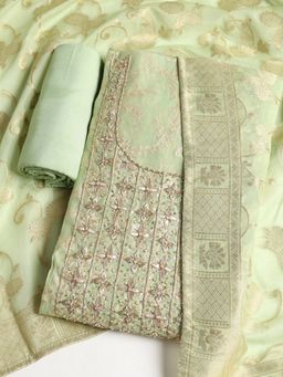 MEENA BAZAAR - Embroidered Chanderi Green Unstitched Dress Material