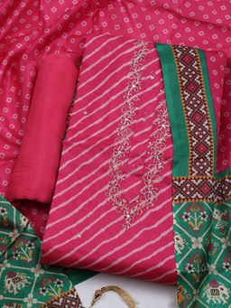 MEENA BAZAAR - Embroidered Art Silk Unstitched Pink Dress Material