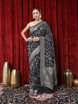 MEENA BAZAAR - Woven Black Crepe Saree with Unstitched Blouse