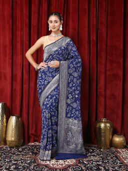 MEENA BAZAAR - Woven Blue Crepe Saree with Unstitched Blouse