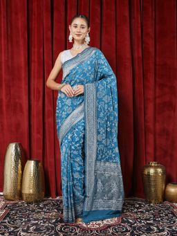 MEENA BAZAAR - Woven Blue Crepe Saree with Unstitched Blouse