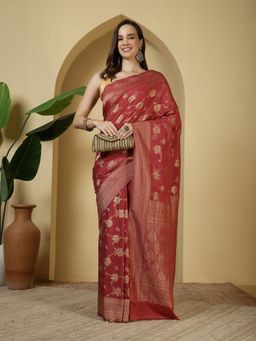 MEENA BAZAAR - Woven Pink Georgette Saree with Unstitched Blouse