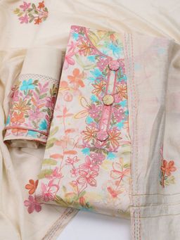 MEENA BAZAAR - Embroidered Cream Cotton Unstitched Dress Material