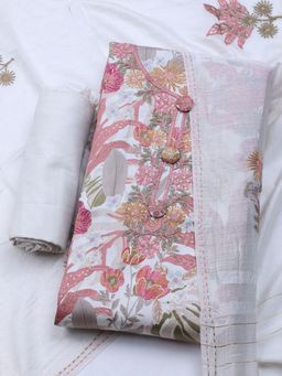 MEENA BAZAAR - Embroidered Cream Cotton Unstitched Dress Material