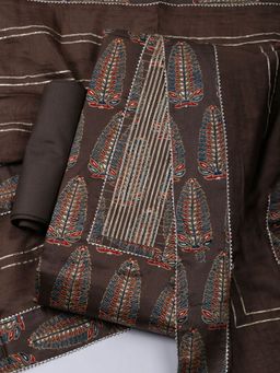 MEENA BAZAAR - Floral Brown Cotton Unstitched Dress Material