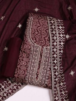 MEENA BAZAAR - Embroidered Wine Cotton Unstitched Dress Material