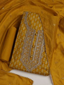 MEENA BAZAAR - Embroidered Mustard Cotton Unstitched Dress Material
