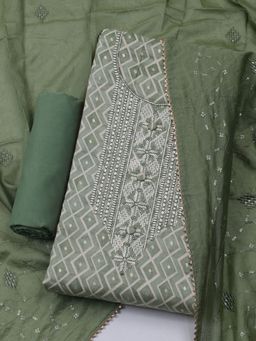 MEENA BAZAAR - Embroidered Cotton Unstitched Green Dress Material