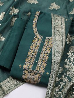 MEENA BAZAAR - Embroidered Cotton Unstitched Green Dress Material
