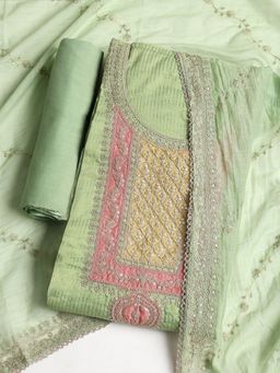 MEENA BAZAAR - Green Embroidered Chanderi Unstitched Dress Material