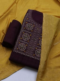 MEENA BAZAAR - Embroidered Wine Chanderi Unstitched Dress Material