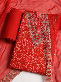 MEENA BAZAAR - Embroidered Red Cotton Unstitched Dress Material