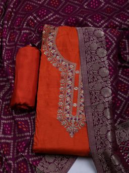 MEENA BAZAAR - Embroidered Orange Chanderi Unstitched Dress Material