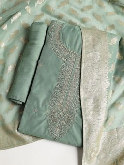 MEENA BAZAAR - Green Embroidered Chanderi Unstitched Dress Material
