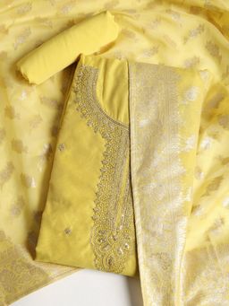 MEENA BAZAAR - Embroidered Yellow Chanderi Unstitched Dress Material