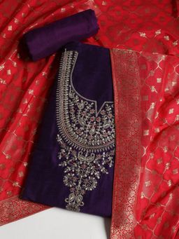 MEENA BAZAAR - Embroidered Purple Chanderi Unstitched Dress Material