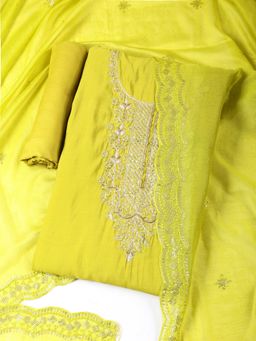 MEENA BAZAAR - Green Embroidered Chanderi Unstitched Dress Material