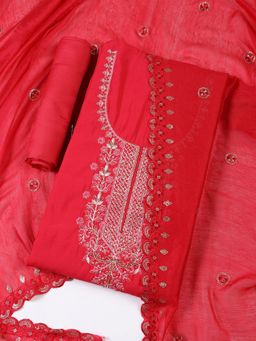 MEENA BAZAAR - Pink Embroidered Chanderi Unstitched Dress Material