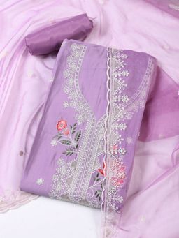 MEENA BAZAAR - Embroidered Lavender Chanderi Unstitched Dress Material