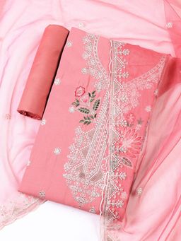 MEENA BAZAAR - Pink Embroidered Chanderi Unstitched Dress Material