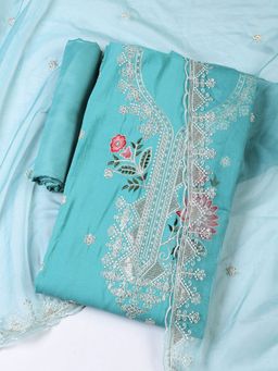 MEENA BAZAAR - Green Embroidered Chanderi Unstitched Dress Material
