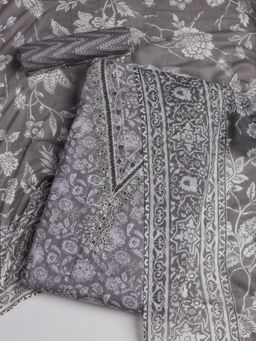 MEENA BAZAAR - Embroidered Grey Cotton Unstitched Dress Material