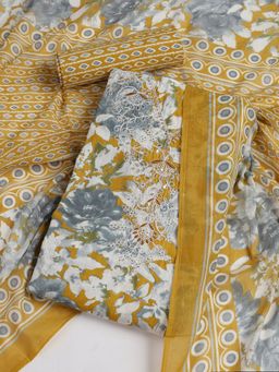 MEENA BAZAAR - Embroidered Mustard Cotton Unstitched Dress Material