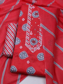 MEENA BAZAAR - Embroidered Red Cotton Unstitched Dress Material