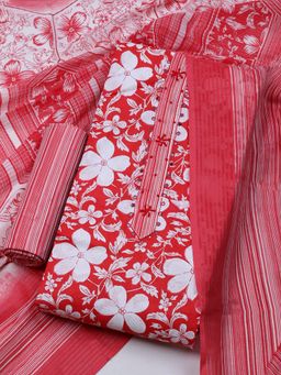 MEENA BAZAAR - Embroidered Red Cotton Unstitched Dress Material