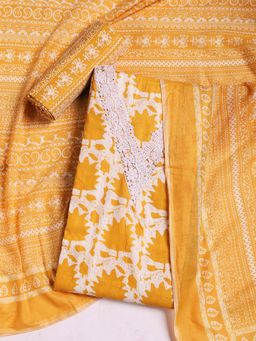 MEENA BAZAAR - Printed Yellow Cotton Unstitched Dress Material
