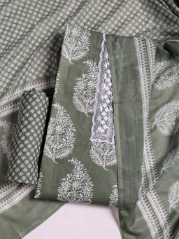 MEENA BAZAAR - Printed Green Cotton Unstitched Dress Material