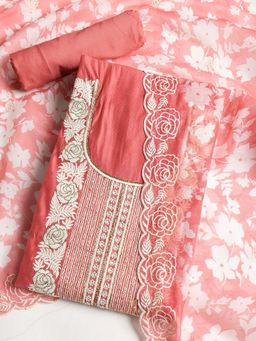 MEENA BAZAAR - Embroidered Pink Chanderi Unstitched Dress Material