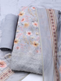 MEENA BAZAAR - Embroidered Grey Muslin Unstitched Dress Material