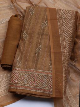 MEENA BAZAAR - Printed Mustard Chanderi Unstitched Dress Material