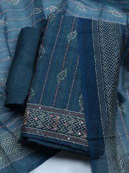 MEENA BAZAAR - Printed Blue Chanderi Unstitched Dress Material