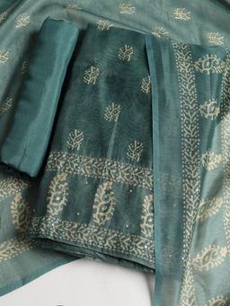 MEENA BAZAAR - Printed Green Chanderi Unstitched Dress Material