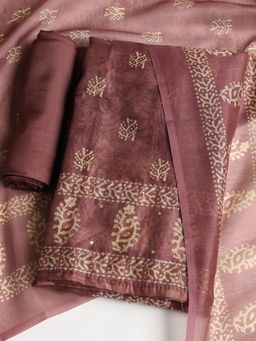 MEENA BAZAAR - Printed Mauve Chanderi Unstitched Dress Material