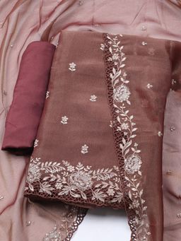 MEENA BAZAAR - Embroidered Brown Tissue Unstitched Dress Material