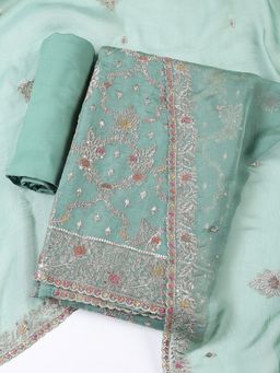 MEENA BAZAAR - Embroidered Green Tissue Unstitched Dress Material