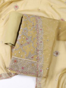 MEENA BAZAAR - Embroidered Mustard Tissue Unstitched Dress Material