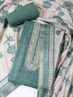MEENA BAZAAR - Embroidered Green Tussar Unstitched Dress Material