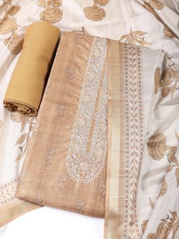 MEENA BAZAAR - Embroidered Mustard Tussar Unstitched Dress Material