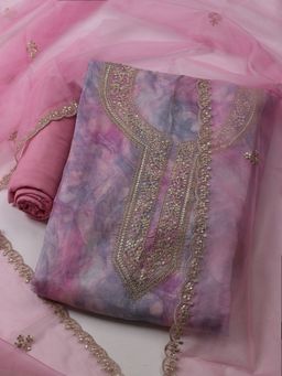 MEENA BAZAAR - Embroidered Pink Organza Unstitched Dress Material