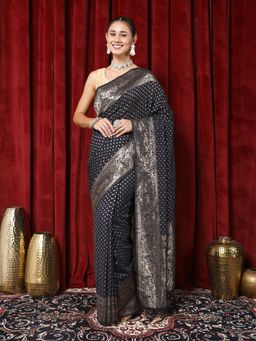 MEENA BAZAAR - Woven Black Crepe Saree with Unstitched Blouse