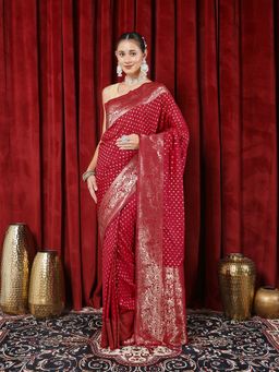 MEENA BAZAAR - Woven Wine Crepe Saree with Unstitched Blouse