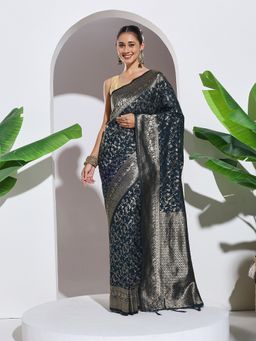 MEENA BAZAAR - Teal Woven Crepe Saree with Unstitched Blouse
