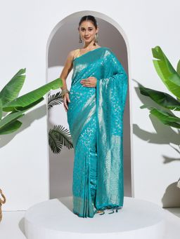 MEENA BAZAAR - Blue Woven Crepe Saree with Unstitched Blouse