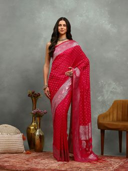 MEENA BAZAAR - Woven Pink Crepe Saree with Unstitched Blouse