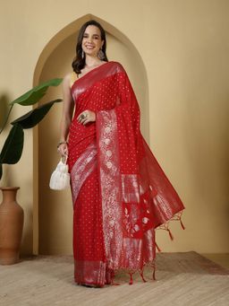 MEENA BAZAAR - Woven Red Crepe Saree with Unstitched Blouse