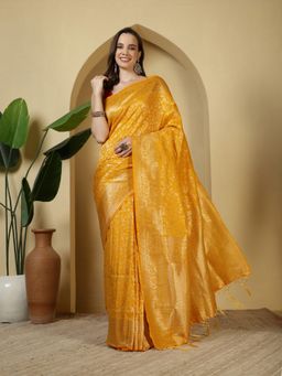 MEENA BAZAAR - Mustard Woven Crepe Saree with Unstitched Blouse